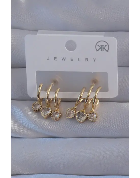  Altın Zirkon Taşlı Kalp Model Çoklu Görünüm Yarım Halka Küpe