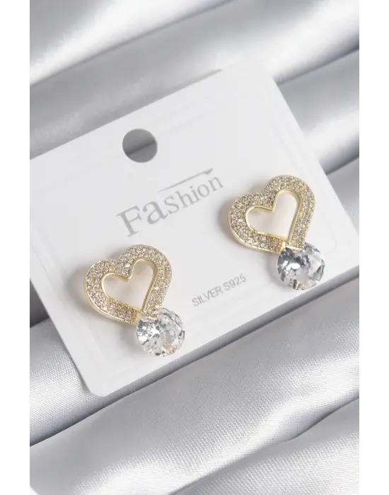  Altın Zirkon Taşlı Kalp Model Damla Zirkon Taş Detay Çelik Küpe