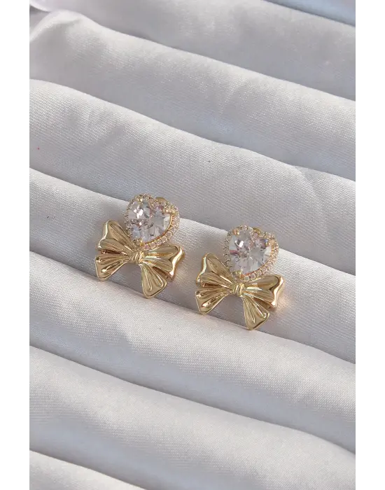  Altın Zirkon Taşlı Kalp Model Fiyonk Küpe