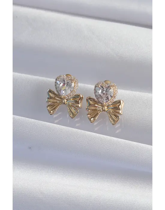  Altın Zirkon Taşlı Kalp Model Fiyonk Küpe