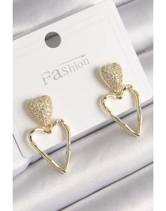  Altın Zirkon Taşlı Kalp Model Çelik Küpe