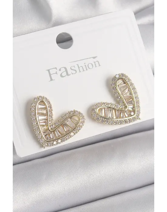  Altın Zirkon Taşlı Kalp Model Çelik Küpe