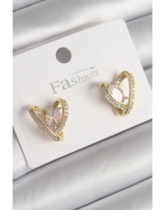 Altın Zirkon Taşlı Kalp Model Çelik Küpe