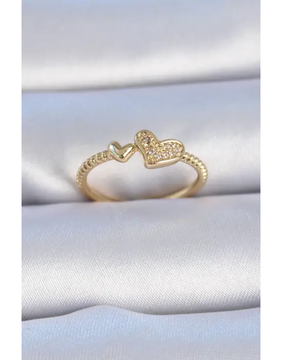  Altın Zirkon Taşlı Kalp Model Çelik Yüzük