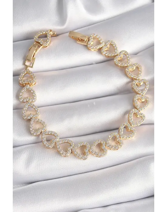 Pirinç Gold Renk Zirkon Taşlı Kalp Model VIP Seri Kadın Bileklik