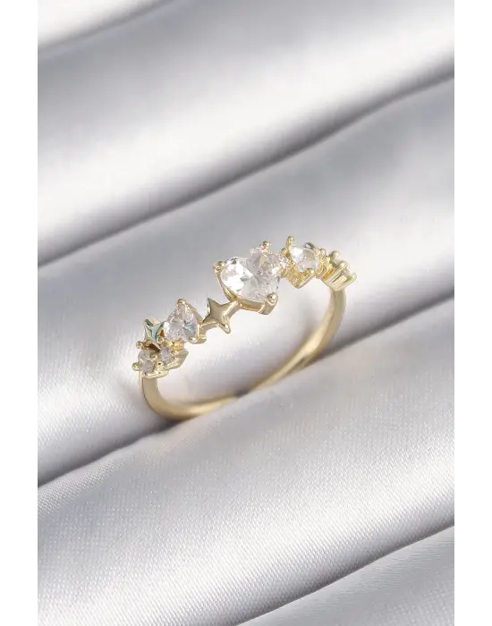  Altın Zirkon Taşlı Kalp Model Yıldız Detay Çelik Yüzük