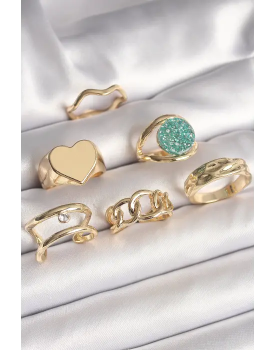  Altın Zirkon Taşlı Kalp Plaka Figür Mavi Simli Detay 6Lı Çelik Yüzük Seti