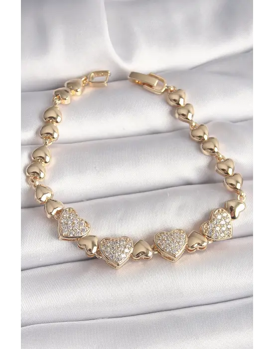 Pirinç Gold Renk Zirkon Taşlı Kalp Zincir Model Kadın Bileklik