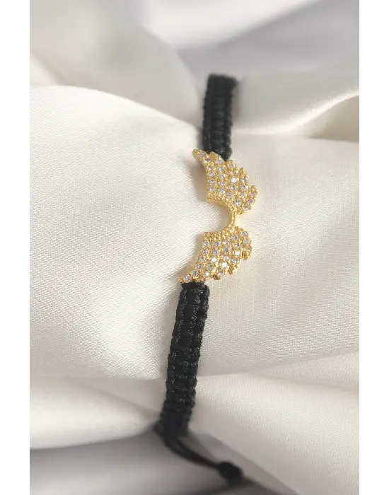 Altın Zirkon Taşlı Kanat Figür Asansörlü Makrome Çelik Kadın Bileklik