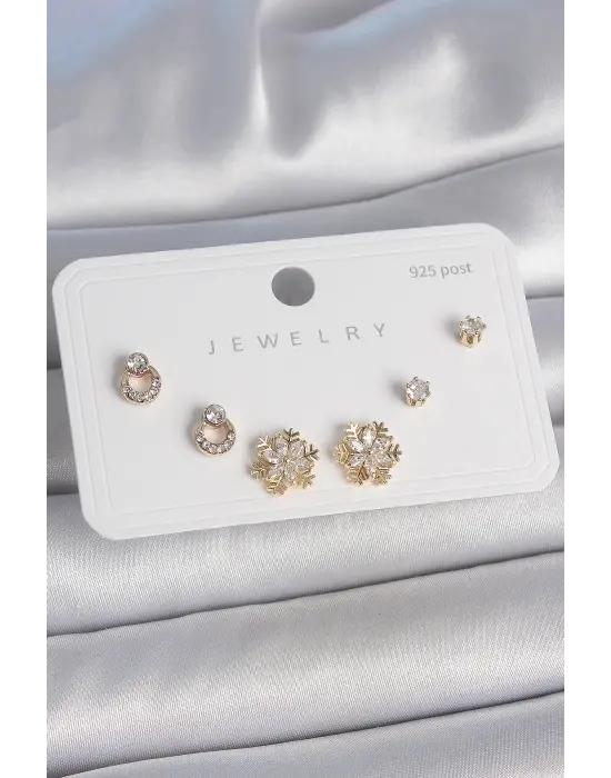 Pirinç Gold Renk Zirkon Taşlı Kar Tanesi Model 925 Ayar Gümüş Çivi Kadın Küpe Seti