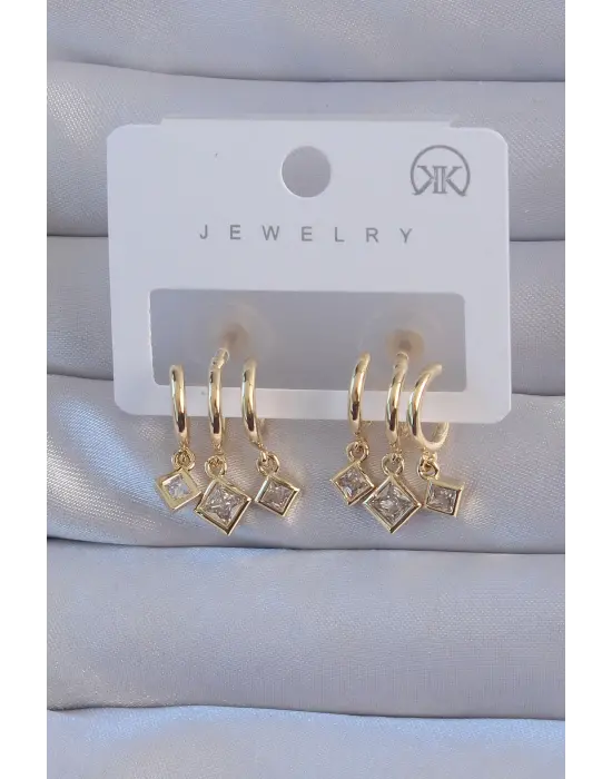  Altın Zirkon Taşlı Kare Model Çoklu Görünüm Yarım Halka Küpe