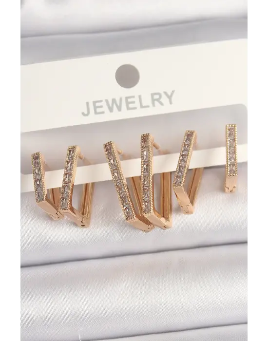 Altın Zirkon Taşlı Kare Model Çelik Küpe Seti