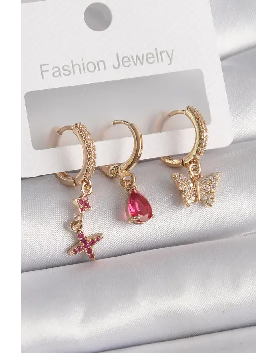  Altın Zirkon Taşlı Kelebek Damla Model Çelik Küpe