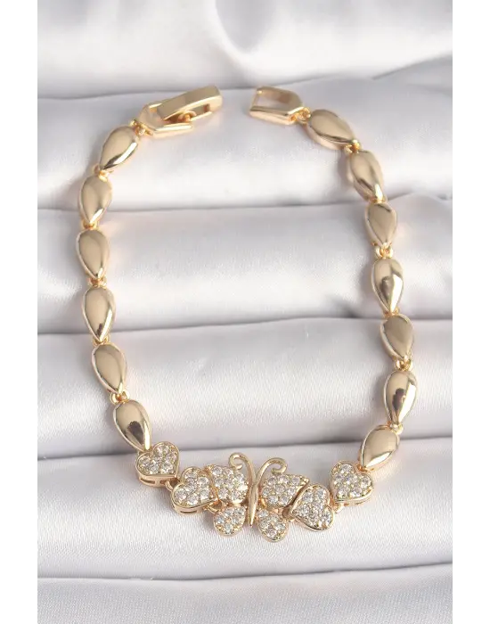 Çelik Gold Renk Zirkon Taşlı Kelebek Figür Damla Zincir Model Kadın Bileklik