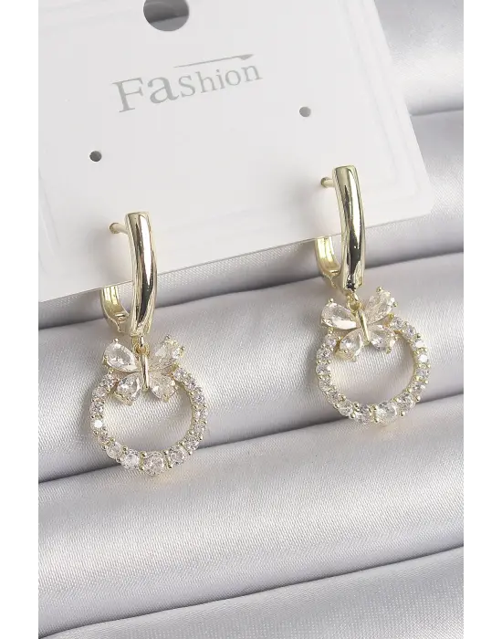  Altın Zirkon Taşlı Kelebek Figür Sallantı Model Çelik Küpe