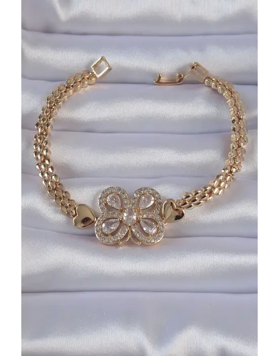 Pirinç Gold Renk Zirkon Taşlı Kelebek Figürlü Parçalı Model Bileklik
