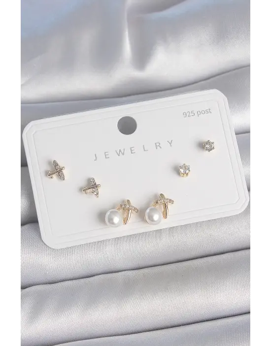 Pirinç Gold Renk Zirkon Taşlı Kelebek Model İnci Detay 925 Ayar Gümüş Çivi Kadın Küpe Seti