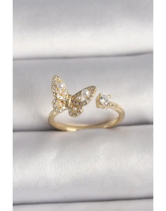  Altın Zirkon Taşlı Kelebek Model İnci Detay Ayarlanabilir Yüzük