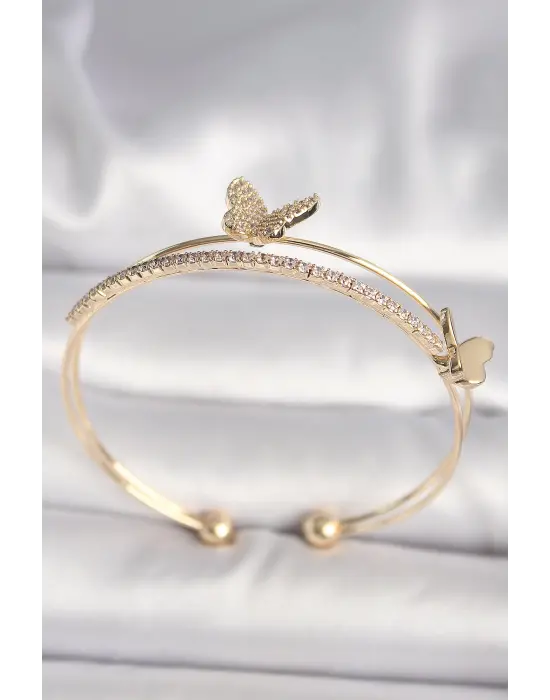 Pirinç Gold Renk Zirkon Taşlı Kelebek Model Kadın Bileklik