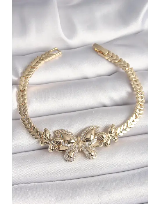 Pirinç Gold Renk Zirkon Taşlı Kelebek Model Kadın Bileklik