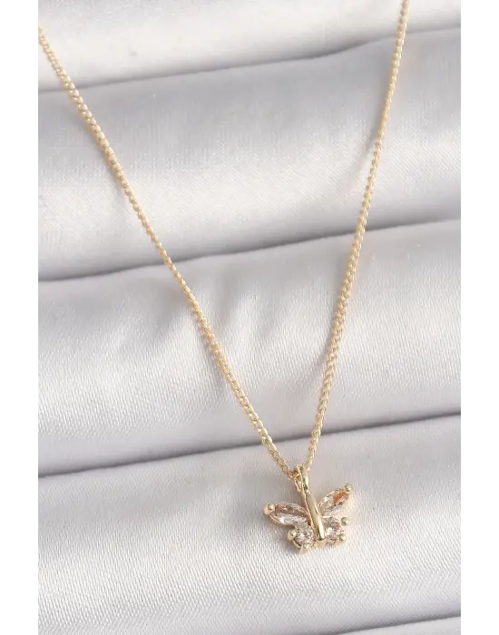 Pirinç Altın  Zirkon Taşlı Kelebek Model  Çelik Kolye