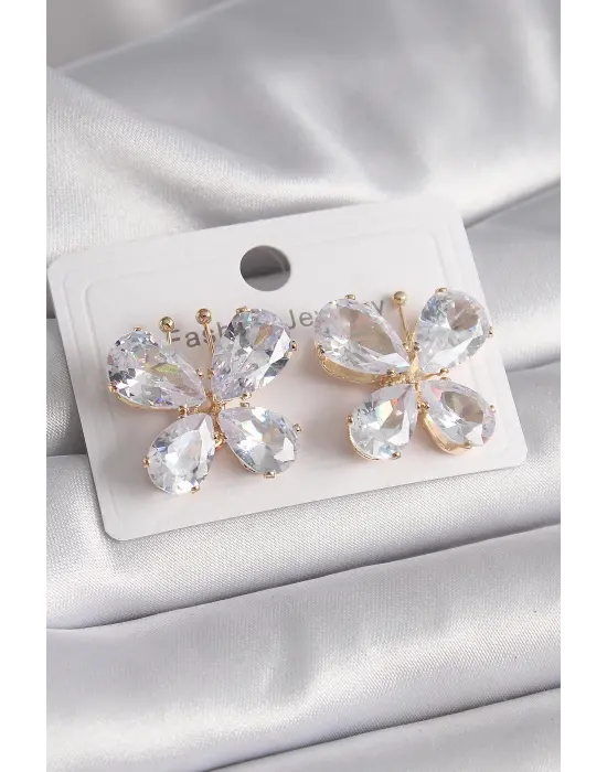  Altın Zirkon Taşlı Kelebek Model Çelik Küpe