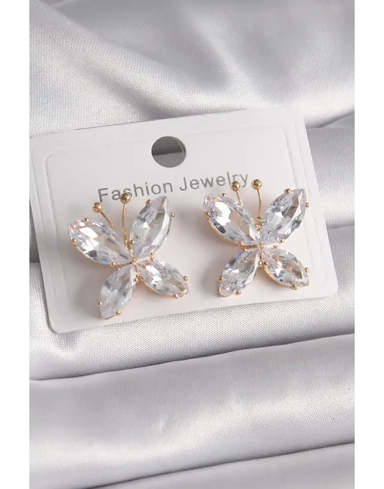  Altın Zirkon Taşlı Kelebek Model Çelik Küpe