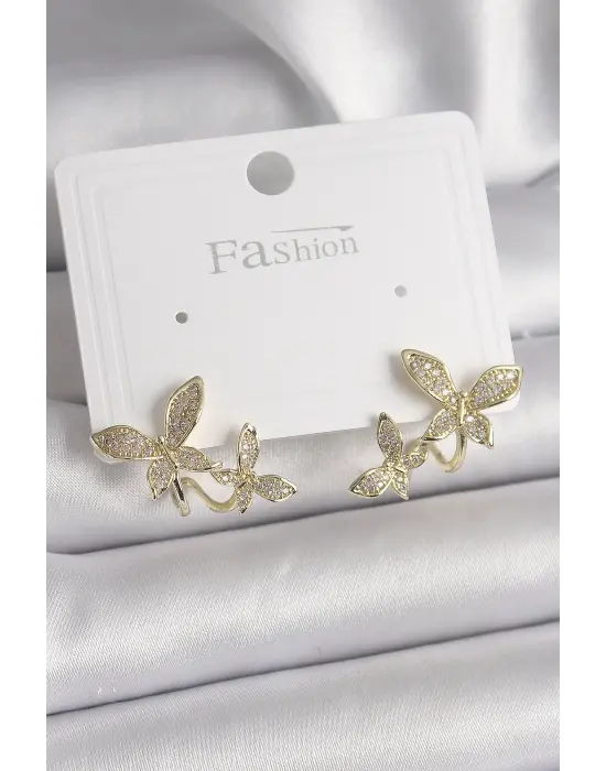  Altın Zirkon Taşlı Kelebek Model Çelik Küpe