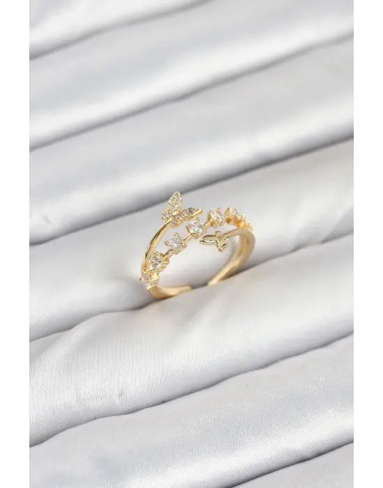 Pirinç Gold Renk Zirkon Taşlı Kelebek Model Kadın Yüzük