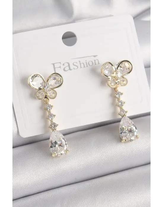  Altın Zirkon Taşlı Kelebek Model Sallantı Damla Zirkon Taş Çelik Küpe