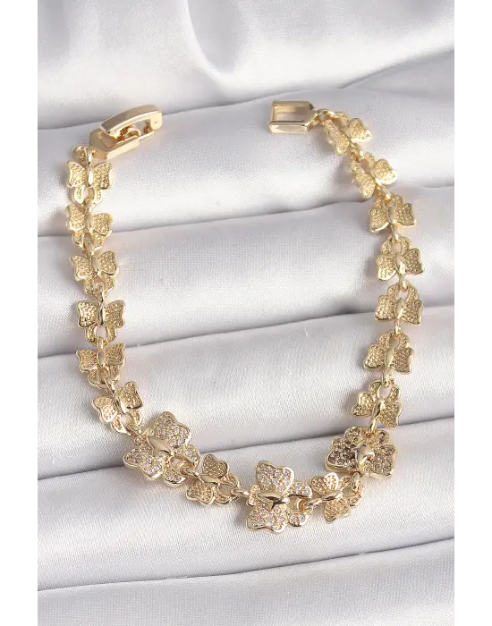 Pirinç Gold Renk Zirkon Taşlı Kelebek Model Zincir Kadın Bileklik