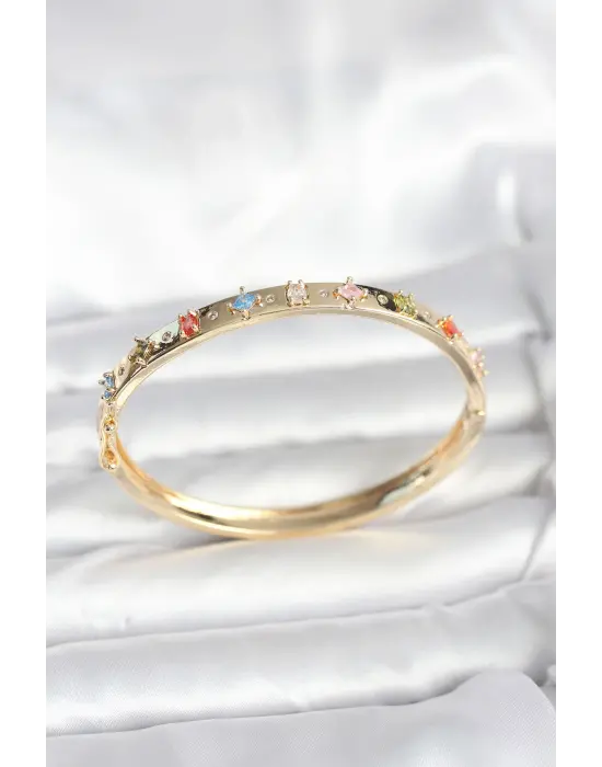 Pirinç Gold Renk Zirkon Taşlı Kelepçe Bileklik