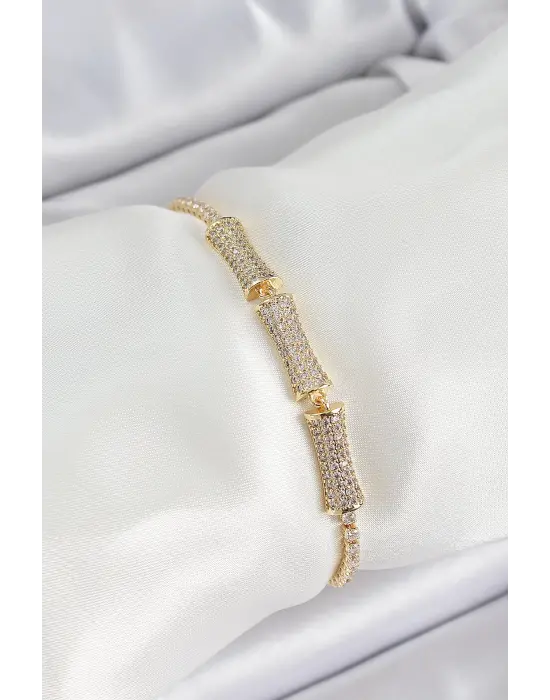 Pirinç Gold Renk Zirkon Taşlı Kemik Model Kadın Bileklik