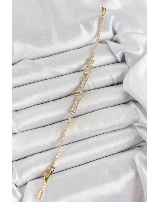 Pirinç Gold Renk Zirkon Taşlı Kemik Model Kadın Bileklik