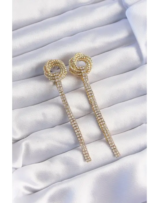  Altın Zirkon Taşlı Kıvrım Detay Sallantılı Küpe