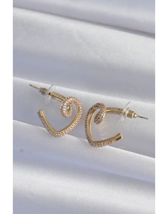  Altın Zirkon Taşlı Kıvrımlı Yarım Kalp Küpe