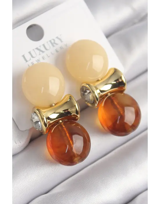  Altın Zirkon Taşlı Krem Turuncu Renk Doğal Taşlı Vintage Çelik Küpe