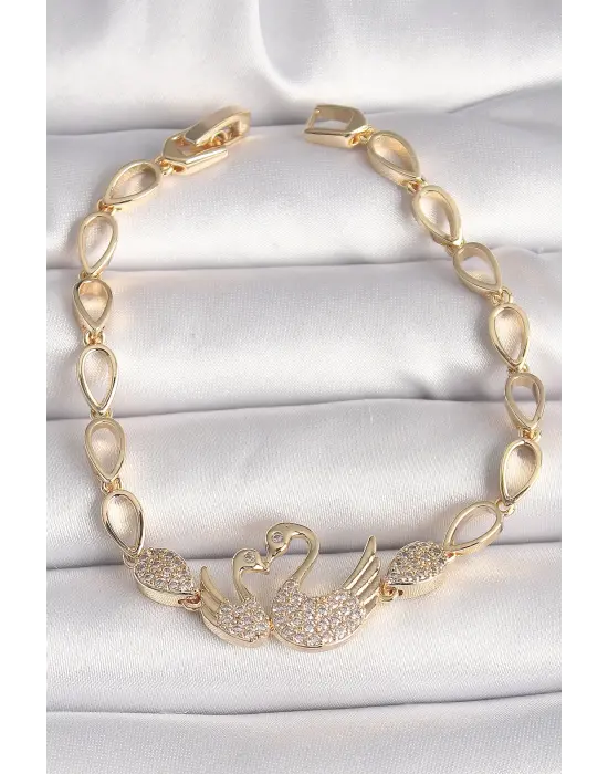 Pirinç Gold Renk Zirkon Taşlı Kuğu Figür Damla Zincir Model Kadın Bileklik