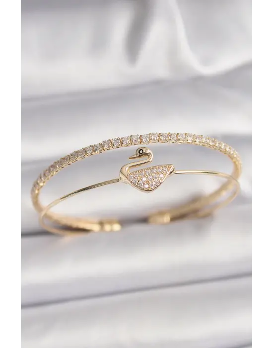 Pirinç Gold Renk Zirkon Taşlı Kuğu Model Kadın Bileklik