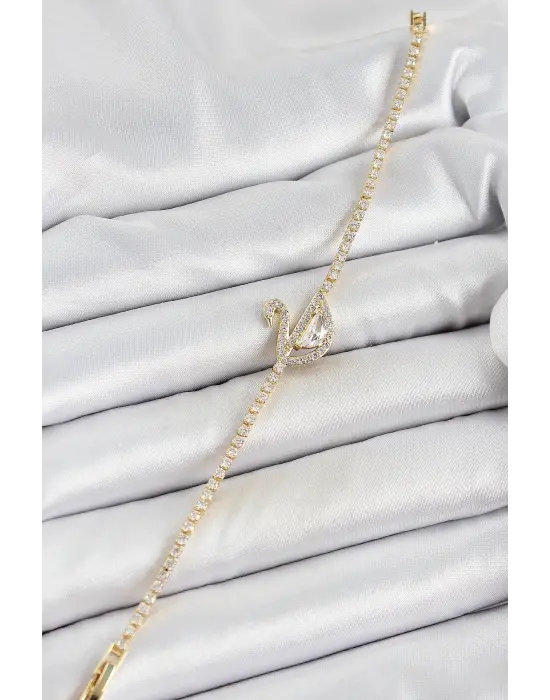 Pirinç Gold Renk Zirkon Taşlı Kuğu Model Kadın Bileklik