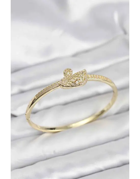 Çelik Gold Renk Zirkon Taşlı Kuğu Model Kadın Kelepçe Bileklik