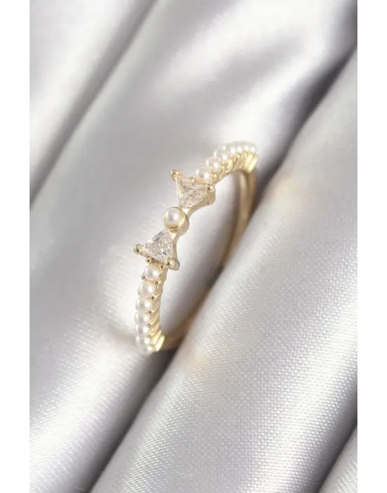  Altın Zirkon Taşlı Kurdele İnci Detay Çelik Yüzük