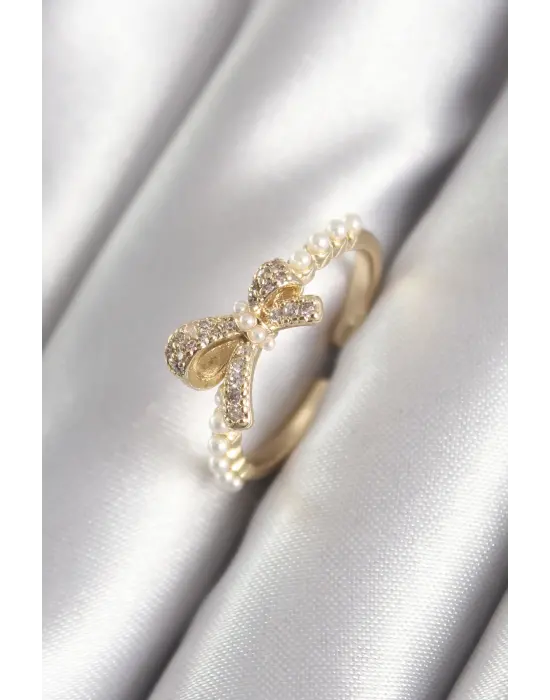  Altın Zirkon Taşlı Kurdele Model İnci Detay Çelik Yüzük