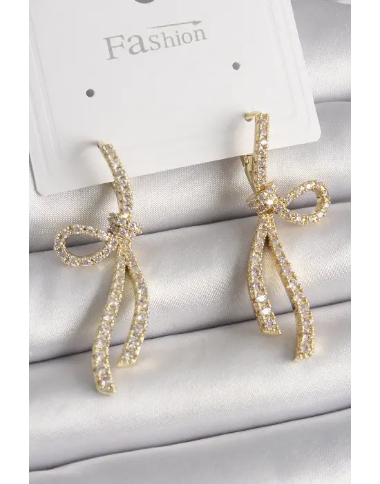  Altın Zirkon Taşlı Kurdele Model Çelik Küpe