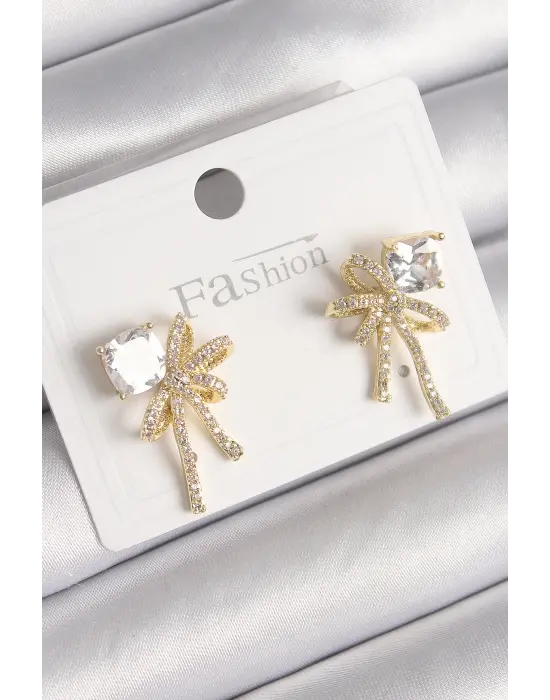  Altın Zirkon Taşlı Kurdele Model Çelik Küpe