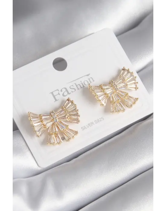  Altın Zirkon Taşlı Kurdele Model Çelik Küpe