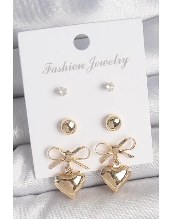 Pirinç Gold Renk Zirkon Taşlı Kurdele Sallantılı Kalp Model 3 Çift Kadın Küpe Seti
