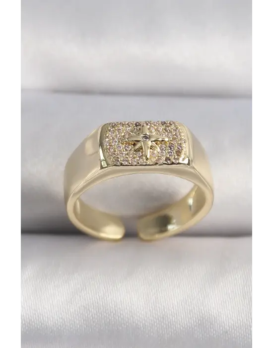  Altın Zirkon Taşlı Kutup Yıldız İşleme Çelik Yüzük