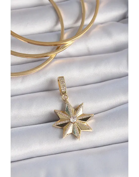 Çelik Gold Renk Zirkon Taşlı Kutup Yıldızı Ajda Charm