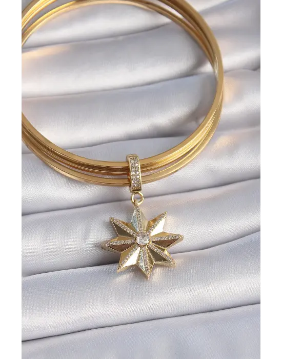 Çelik Gold Renk Zirkon Taşlı Kutup Yıldızı Ajda Charm